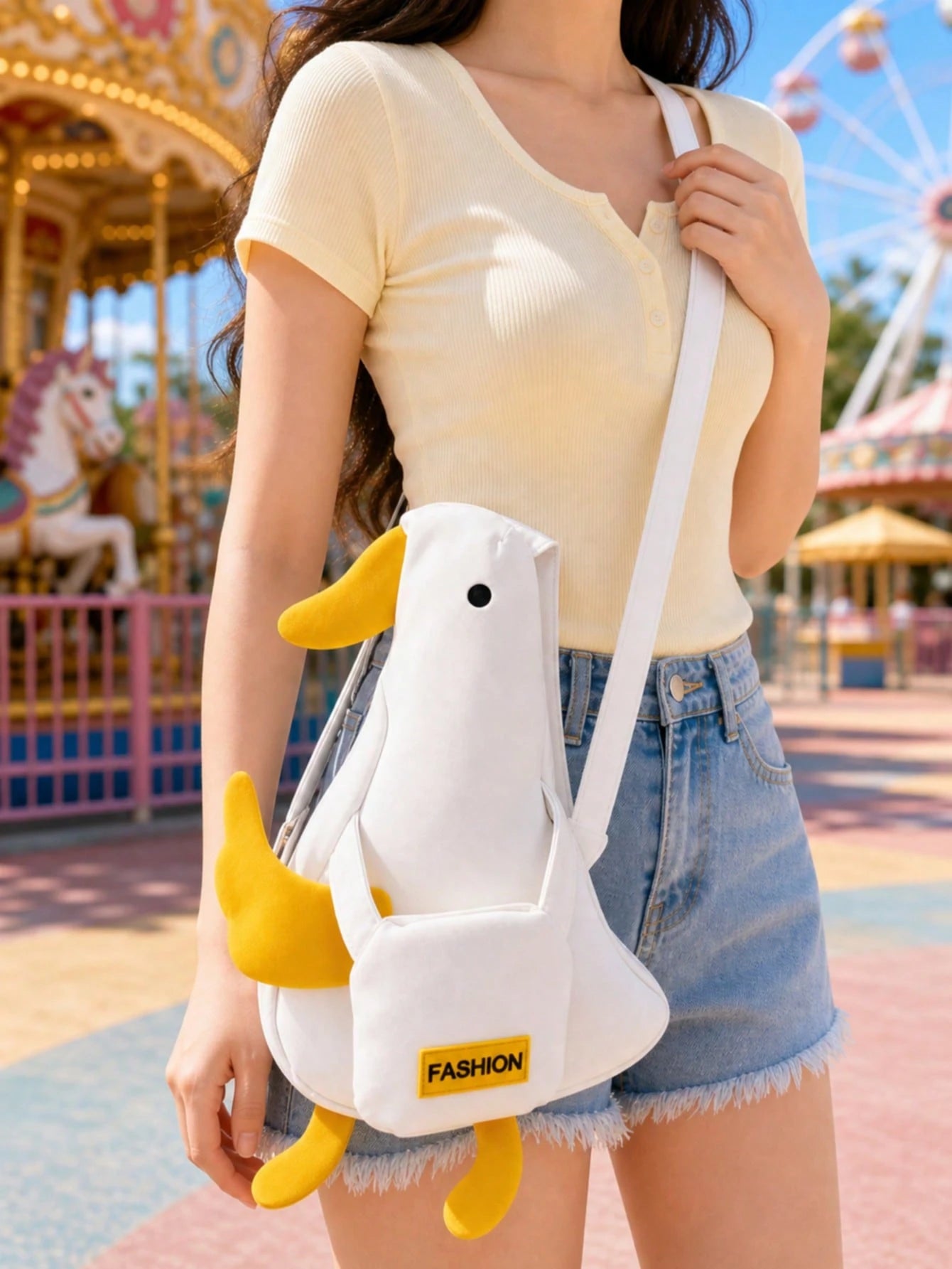 Cute Duck Crossbody Bag, White Yellow Animal Shoulder Purse, Fun Novelty Bag For Summer Outings, Travel, Festivals And Daily Wear