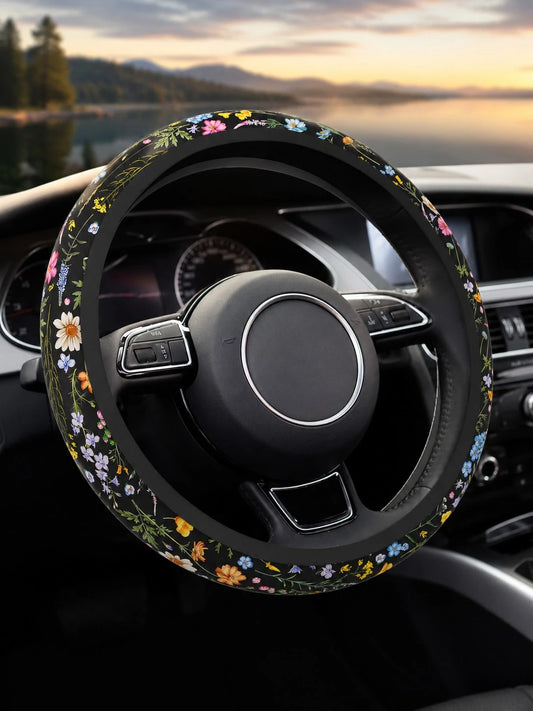 Cute Floral Print Steering Wheel Cover, Breathable And Sweat-Absorbent Ringless Design, Wildflower Car Steering Wheel Cover, Universal 14.5-15 Inch Fit For Women, All-Season Non-Slip Car Interior Acce