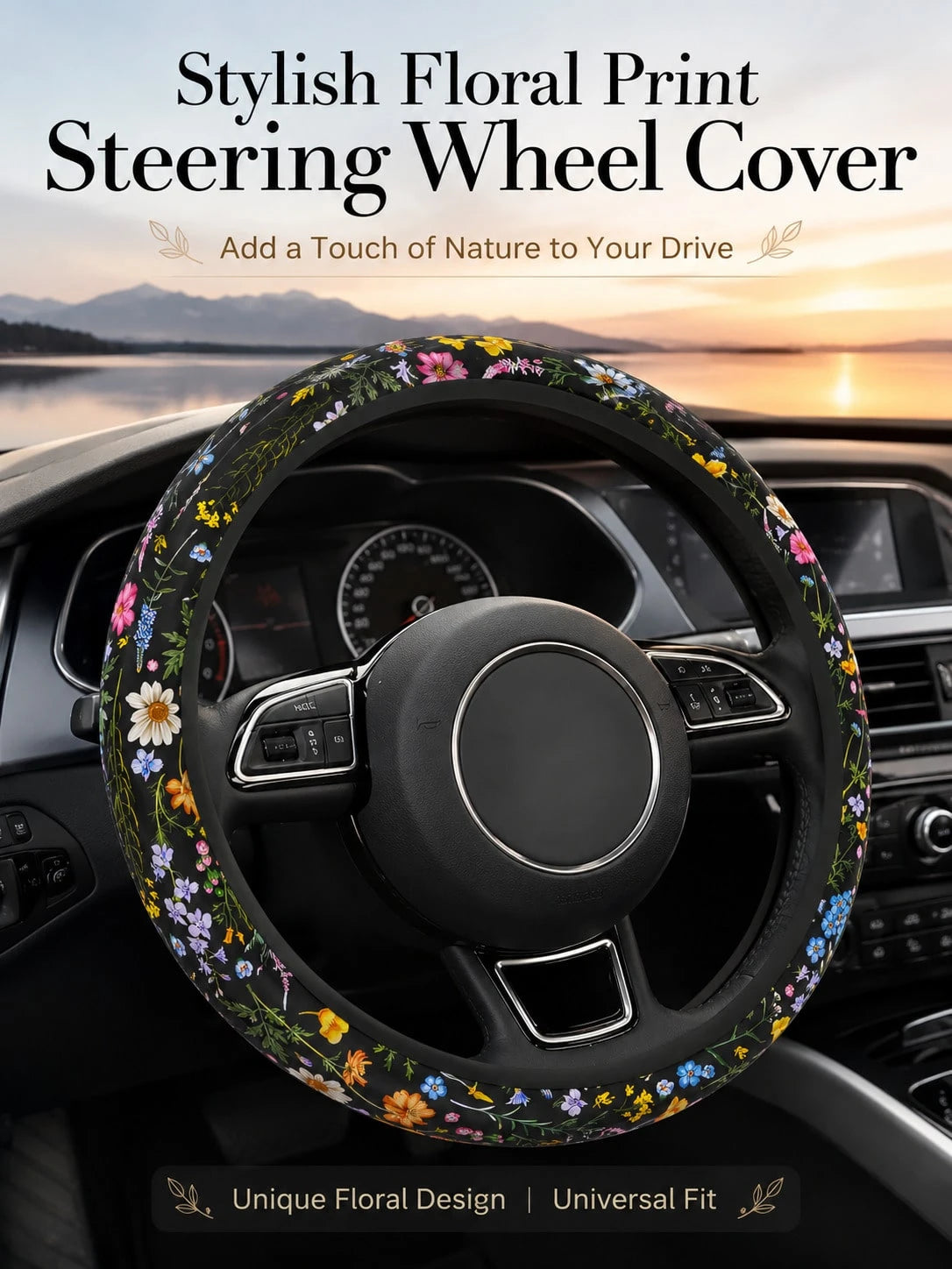 Cute Floral Print Steering Wheel Cover, Breathable And Sweat-Absorbent Ringless Design, Wildflower Car Steering Wheel Cover, Universal 14.5-15 Inch Fit For Women, All-Season Non-Slip Car Interior Acce