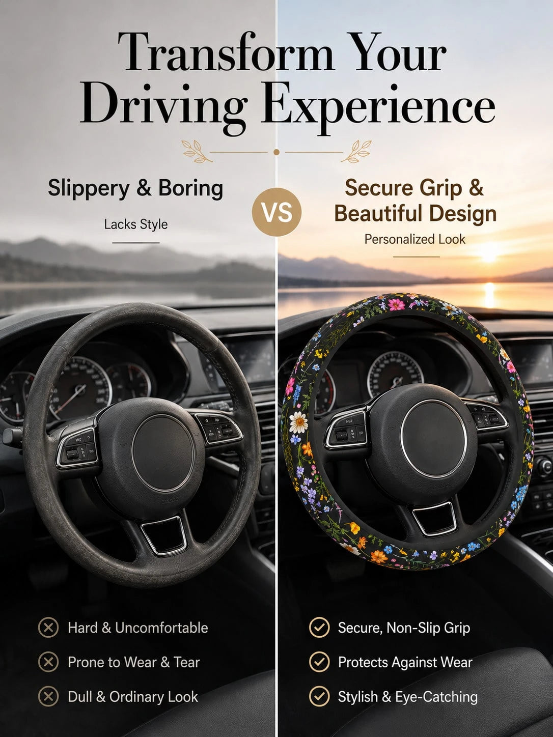Cute Floral Print Steering Wheel Cover, Breathable And Sweat-Absorbent Ringless Design, Wildflower Car Steering Wheel Cover, Universal 14.5-15 Inch Fit For Women, All-Season Non-Slip Car Interior Acce