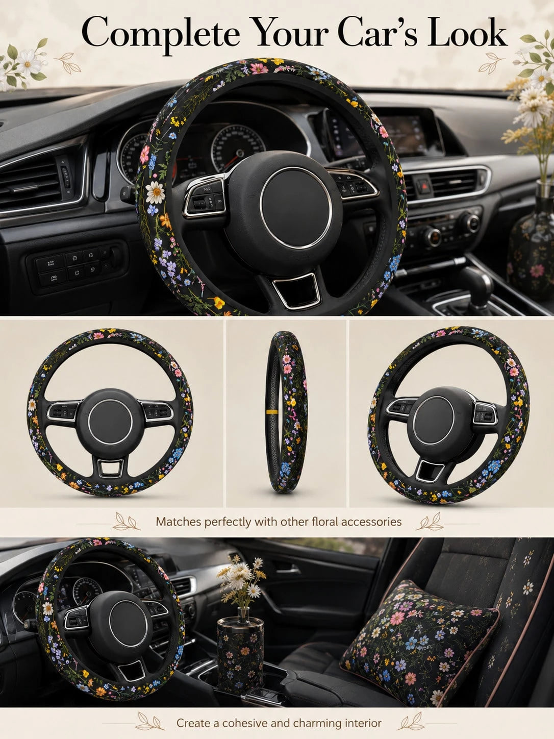 Cute Floral Print Steering Wheel Cover, Breathable And Sweat-Absorbent Ringless Design, Wildflower Car Steering Wheel Cover, Universal 14.5-15 Inch Fit For Women, All-Season Non-Slip Car Interior Acce
