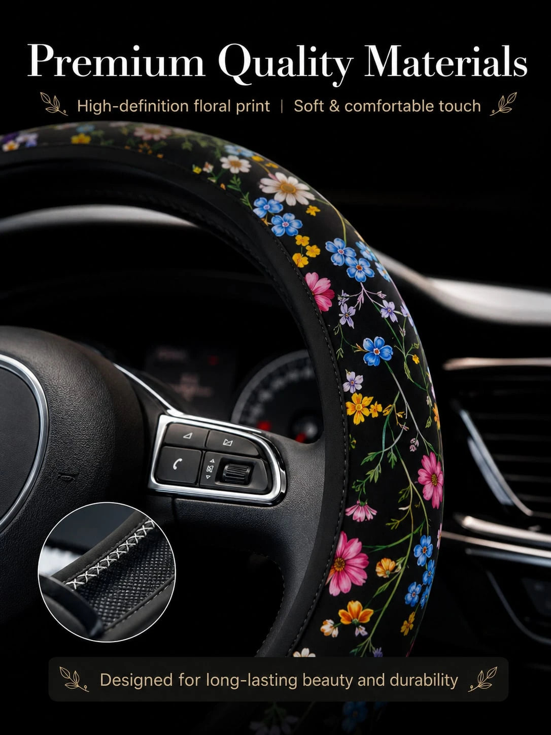 Cute Floral Print Steering Wheel Cover, Breathable And Sweat-Absorbent Ringless Design, Wildflower Car Steering Wheel Cover, Universal 14.5-15 Inch Fit For Women, All-Season Non-Slip Car Interior Acce