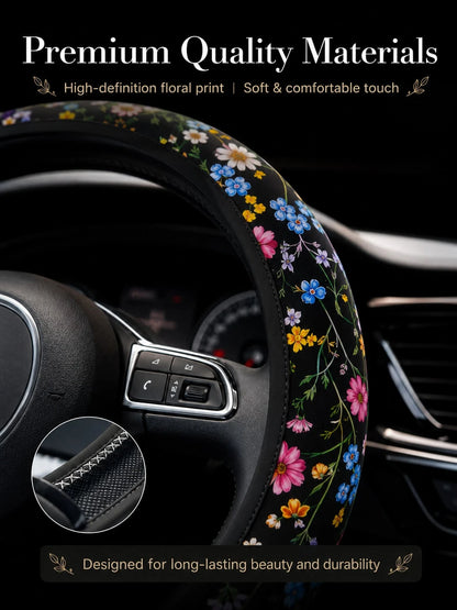 Cute Floral Print Steering Wheel Cover, Breathable And Sweat-Absorbent Ringless Design, Wildflower Car Steering Wheel Cover, Universal 14.5-15 Inch Fit For Women, All-Season Non-Slip Car Interior Acce