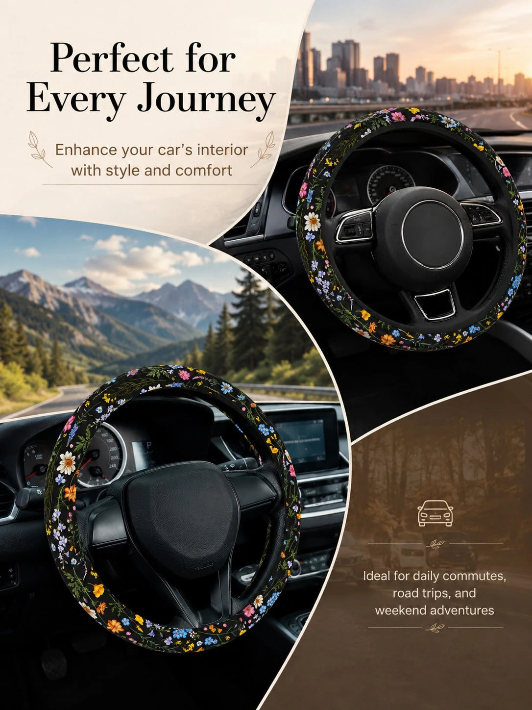 Cute Floral Print Steering Wheel Cover, Breathable And Sweat-Absorbent Ringless Design, Wildflower Car Steering Wheel Cover, Universal 14.5-15 Inch Fit For Women, All-Season Non-Slip Car Interior Acce