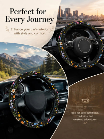 Cute Floral Print Steering Wheel Cover, Breathable And Sweat-Absorbent Ringless Design, Wildflower Car Steering Wheel Cover, Universal 14.5-15 Inch Fit For Women, All-Season Non-Slip Car Interior Acce