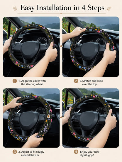 Cute Floral Print Steering Wheel Cover, Breathable And Sweat-Absorbent Ringless Design, Wildflower Car Steering Wheel Cover, Universal 14.5-15 Inch Fit For Women, All-Season Non-Slip Car Interior Acce