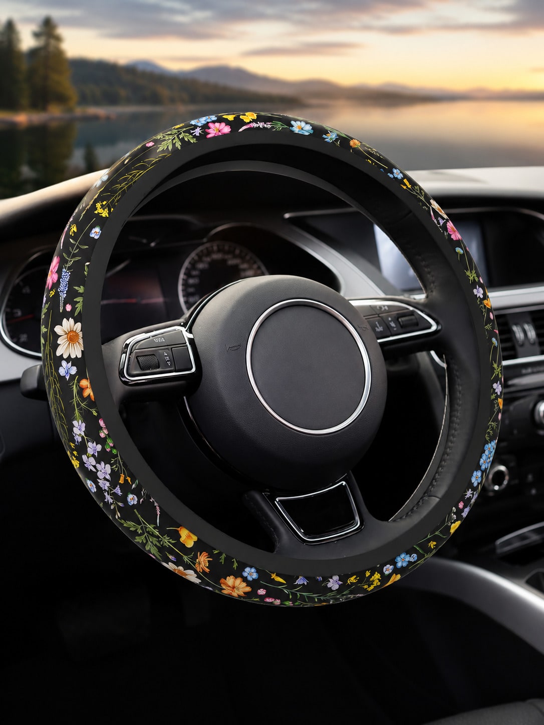 Cute Floral Print Steering Wheel Cover, Breathable And Sweat-Absorbent Ringless Design, Wildflower Car Steering Wheel Cover, Universal 14.5-15 Inch Fit For Women, All-Season Non-Slip Car Interior Acce