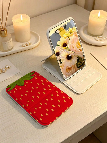 Cute Fruit Pattern Foldable Portable Makeup Mirror, 180° Adjustable Stand Desktop Small Mirror, Portable Flip Cover Scratch-Resistant High-Definition Makeup Mirror, Pineapple Strawberry Fresh Style Po