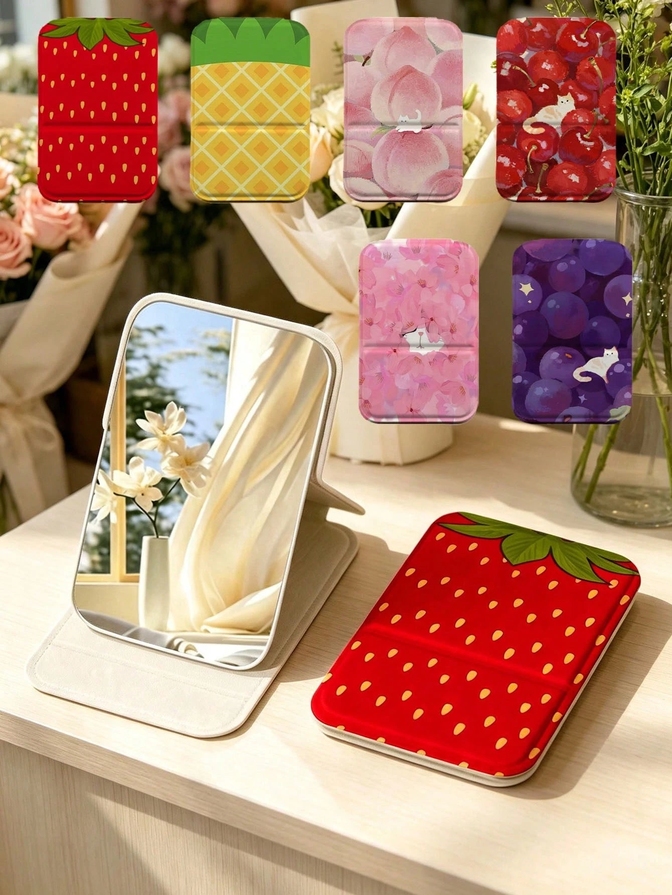 Cute Fruit Pattern Foldable Portable Makeup Mirror, 180° Adjustable Stand Desktop Small Mirror, Portable Flip Cover Scratch-Resistant High-Definition Makeup Mirror, Pineapple Strawberry Fresh Style Po