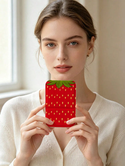 Cute Fruit Pattern Foldable Portable Makeup Mirror, 180° Adjustable Stand Desktop Small Mirror, Portable Flip Cover Scratch-Resistant High-Definition Makeup Mirror, Pineapple Strawberry Fresh Style Po