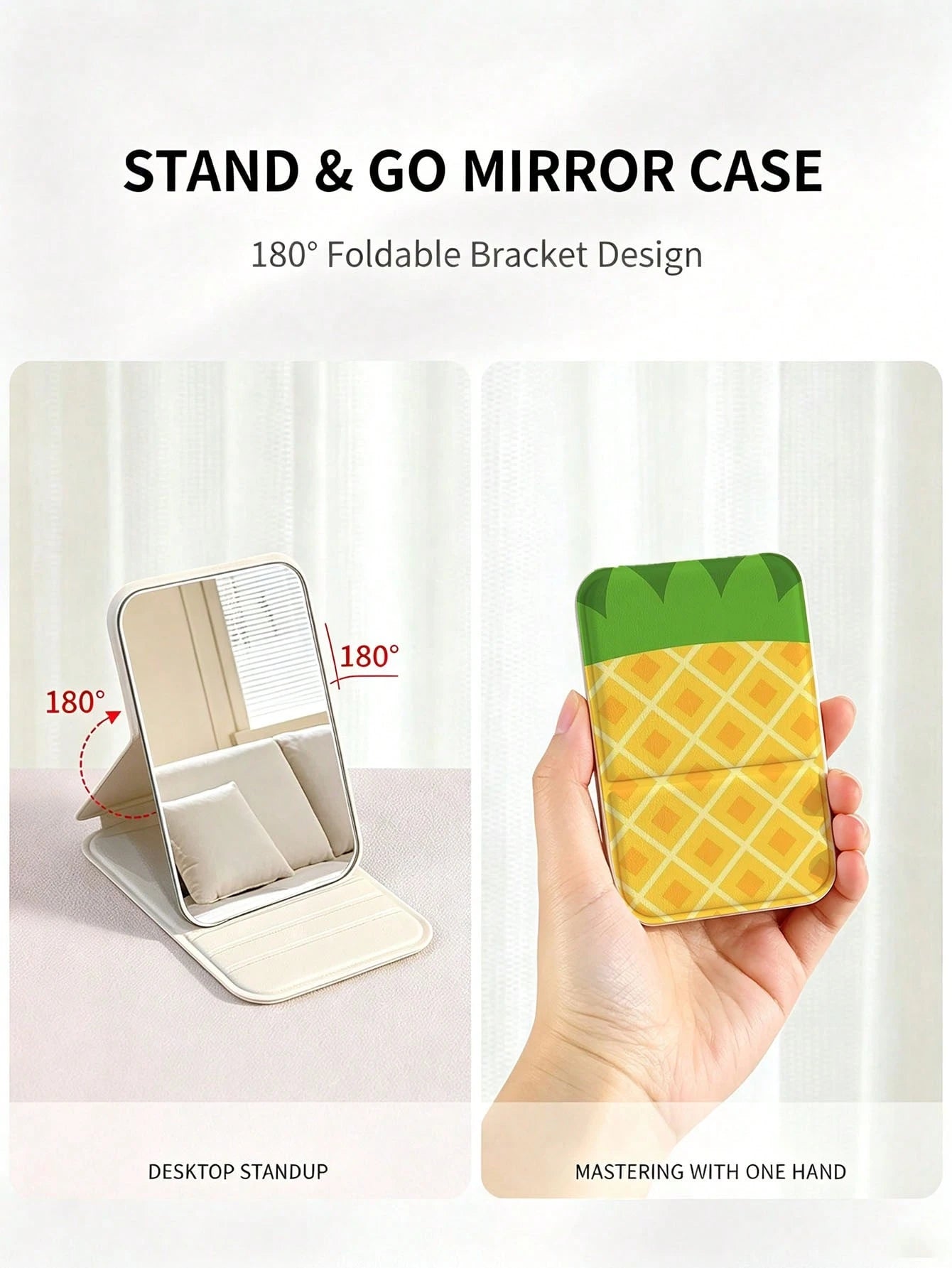 Cute Fruit Pattern Foldable Portable Makeup Mirror, 180° Adjustable Stand Desktop Small Mirror, Portable Flip Cover Scratch-Resistant High-Definition Makeup Mirror, Pineapple Strawberry Fresh Style Po