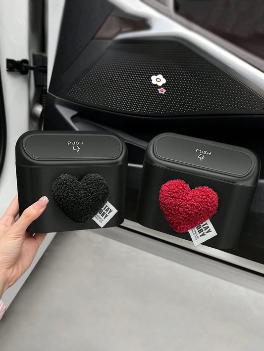 Cute Lamb Plush Heart-Shaped Car Trash Can, Hanging Style Storage Bin, Press Type Garbage Collector, Car Interior Accessories