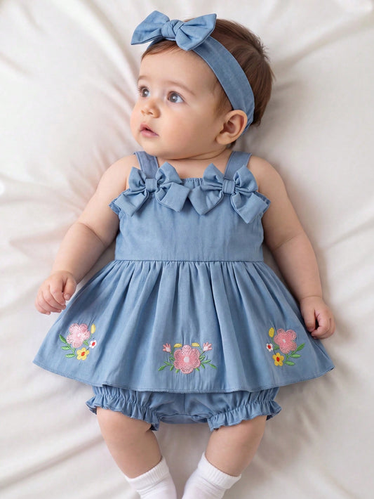 Cute Newborn Baby Girl Summer Outfit Aqua Blue Floral Embroidered Camisole Top Bow Decor Bud Shorts Pastoral Family Matching First Birthday Clothes