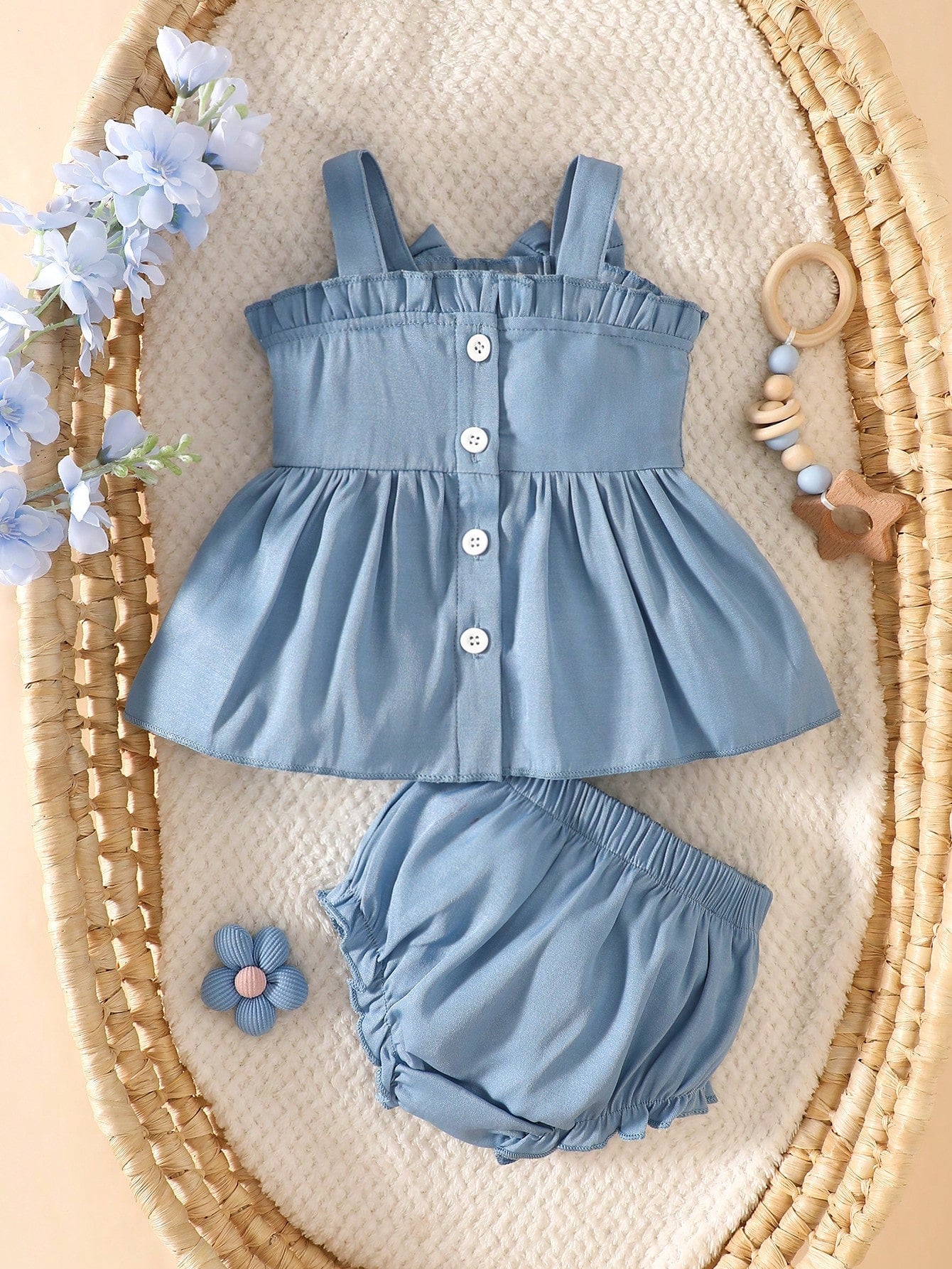 Cute Newborn Baby Girl Summer Outfit Aqua Blue Floral Embroidered Camisole Top Bow Decor Bud Shorts Pastoral Family Matching First Birthday Clothes