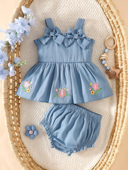 Cute Newborn Baby Girl Summer Outfit Aqua Blue Floral Embroidered Camisole Top Bow Decor Bud Shorts Pastoral Family Matching First Birthday Clothes