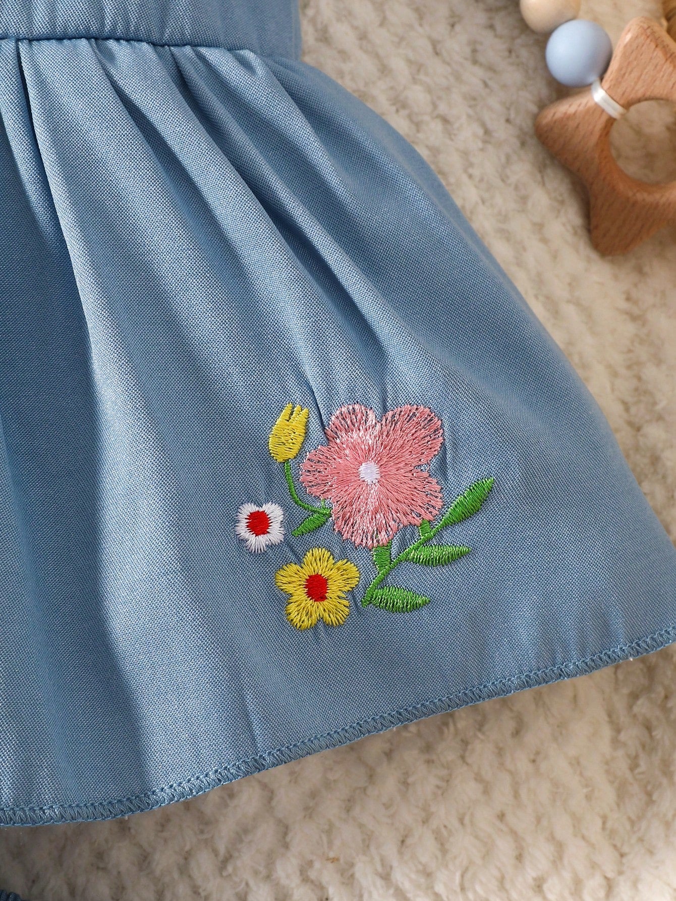 Cute Newborn Baby Girl Summer Outfit Aqua Blue Floral Embroidered Camisole Top Bow Decor Bud Shorts Pastoral Family Matching First Birthday Clothes