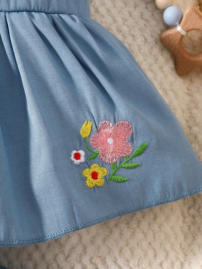 Cute Newborn Baby Girl Summer Outfit Aqua Blue Floral Embroidered Camisole Top Bow Decor Bud Shorts Pastoral Family Matching First Birthday Clothes