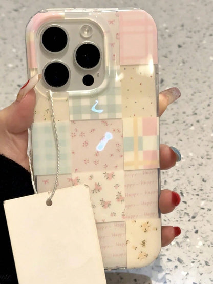 Cute Patchwork Elements Fashion Phone Case Floral Patchwork Plaid Pattern Candy Phone Case Compatible With 17 Pro Max 17 Pro 17 Air 16 15 Pro Max 12 13 Pro 14 11 Plus Spring Flower Soft Shell Easter P