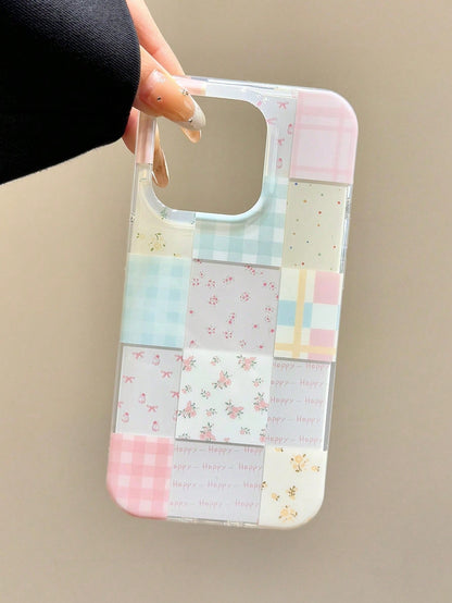 Cute Patchwork Elements Fashion Phone Case Floral Patchwork Plaid Pattern Candy Phone Case Compatible With 17 Pro Max 17 Pro 17 Air 16 15 Pro Max 12 13 Pro 14 11 Plus Spring Flower Soft Shell Easter P