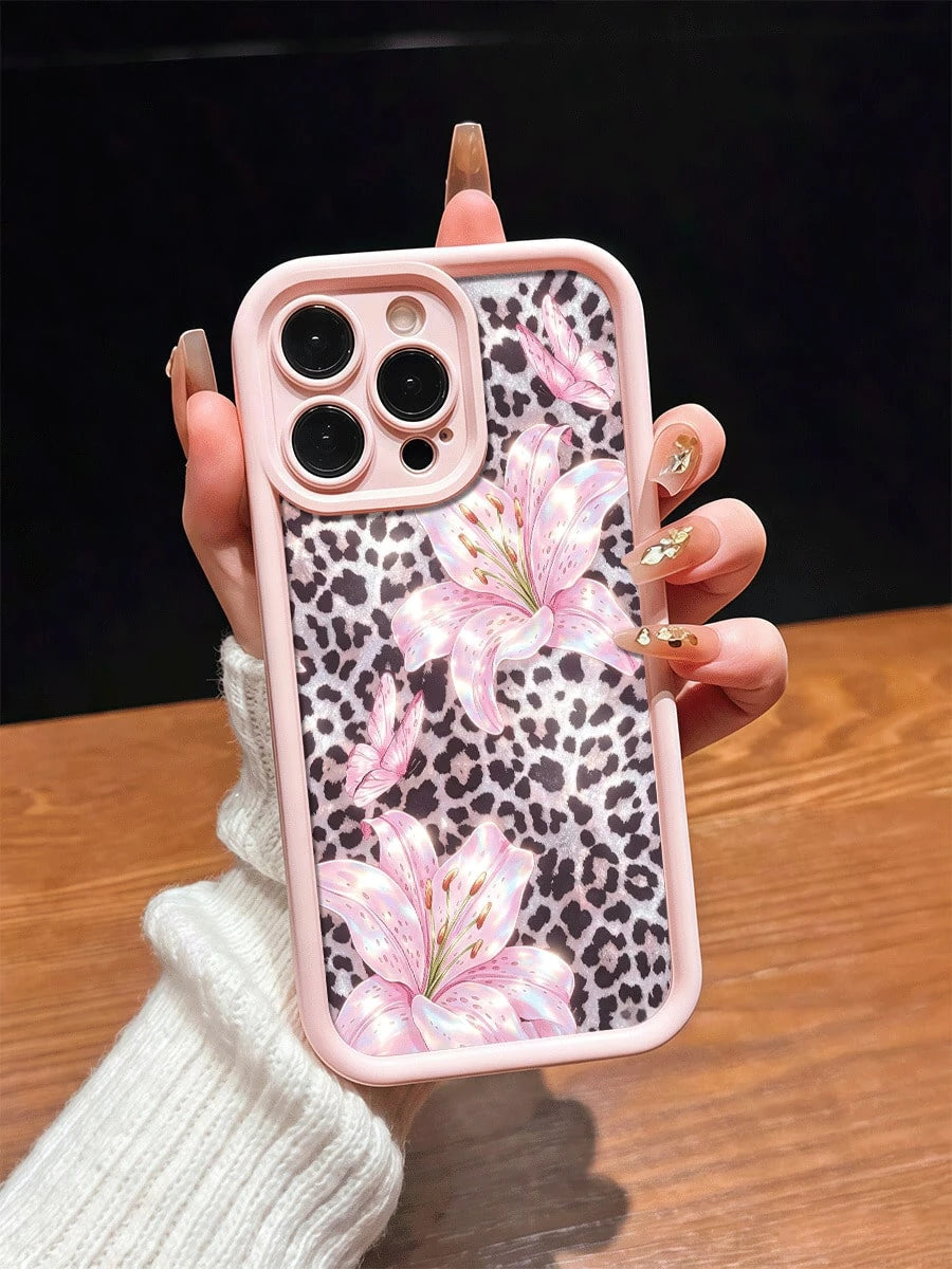 Cute Pink Lily Flower & Leopard Print Matte Anti-Drop Phone Case Compatible With IPhone 11, 12, 13, 14, 15, 16, 13 Pro Max, 16 Plus, XR, 7, 8 Plus, 17 Pro Max, AIR