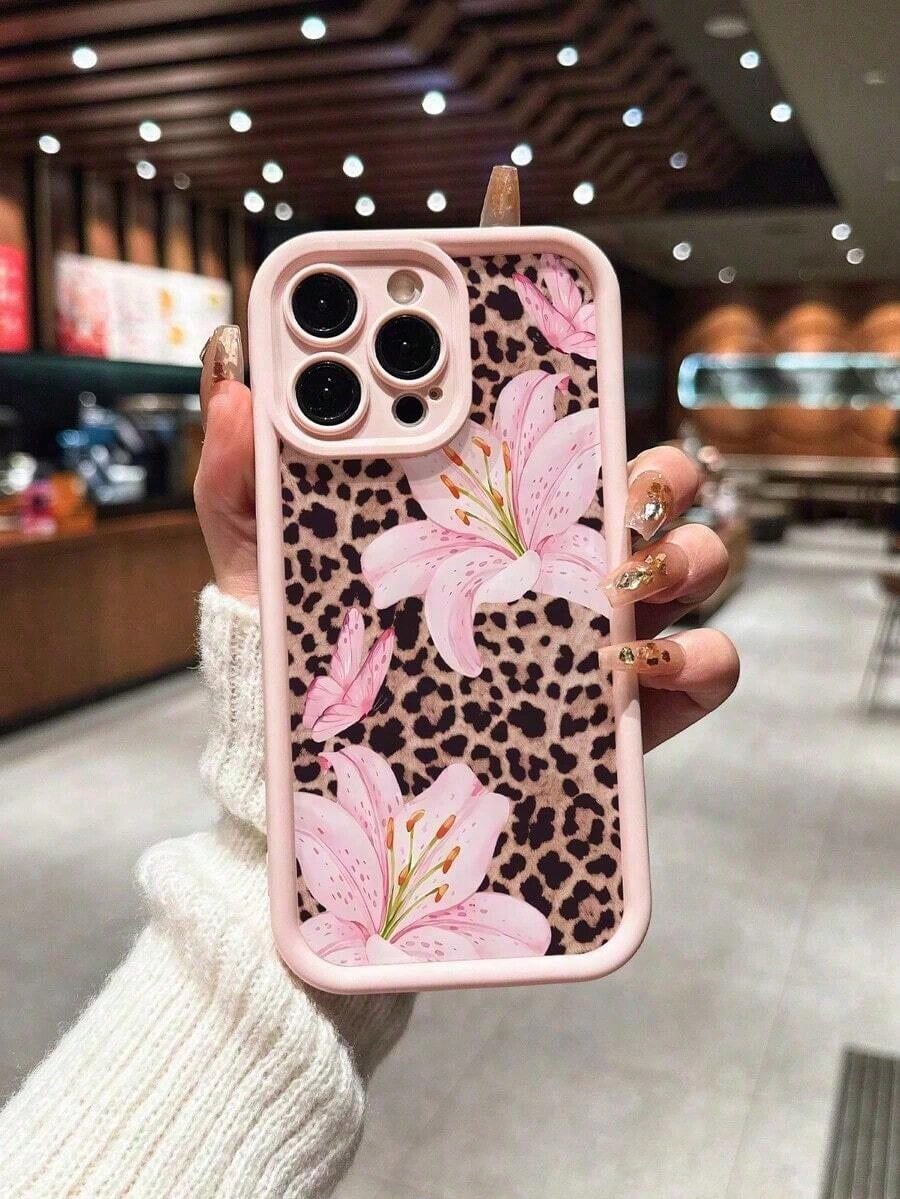 Cute Pink Lily Flower & Leopard Print Matte Anti-Drop Phone Case Compatible With IPhone 11, 12, 13, 14, 15, 16, 13 Pro Max, 16 Plus, XR, 7, 8 Plus, 17 Pro Max, AIR