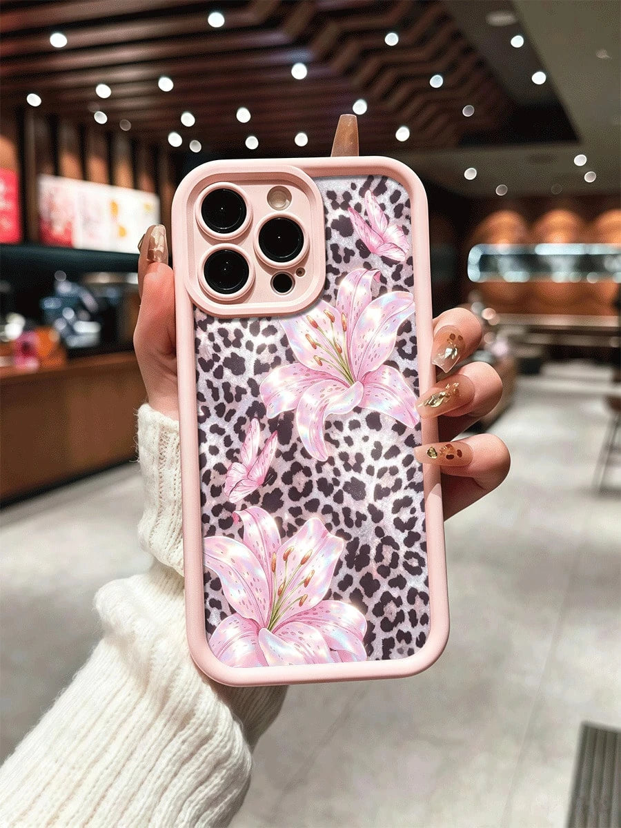 Cute Pink Lily Flower & Leopard Print Matte Anti-Drop Phone Case Compatible With IPhone 11, 12, 13, 14, 15, 16, 13 Pro Max, 16 Plus, XR, 7, 8 Plus, 17 Pro Max, AIR