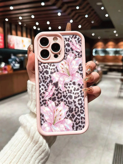 Cute Pink Lily Flower & Leopard Print Matte Anti-Drop Phone Case Compatible With IPhone 11, 12, 13, 14, 15, 16, 13 Pro Max, 16 Plus, XR, 7, 8 Plus, 17 Pro Max, AIR
