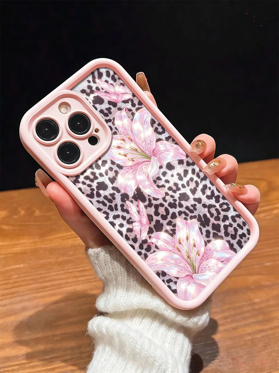 Cute Pink Lily Flower & Leopard Print Matte Anti-Drop Phone Case Compatible With IPhone 11, 12, 13, 14, 15, 16, 13 Pro Max, 16 Plus, XR, 7, 8 Plus, 17 Pro Max, AIR