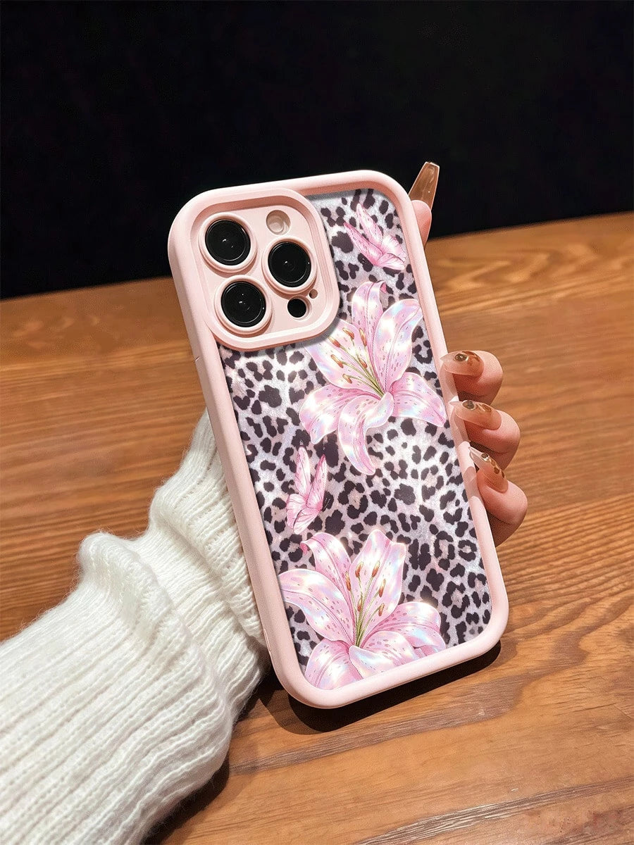 Cute Pink Lily Flower & Leopard Print Matte Anti-Drop Phone Case Compatible With IPhone 11, 12, 13, 14, 15, 16, 13 Pro Max, 16 Plus, XR, 7, 8 Plus, 17 Pro Max, AIR