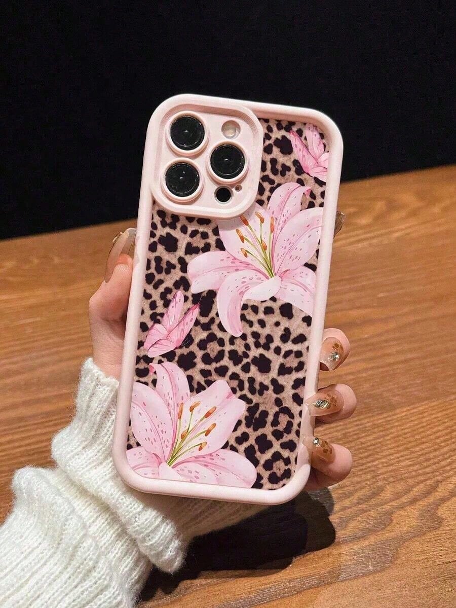 Cute Pink Lily Flower & Leopard Print Matte Anti-Drop Phone Case Compatible With IPhone 11, 12, 13, 14, 15, 16, 13 Pro Max, 16 Plus, XR, 7, 8 Plus, 17 Pro Max, AIR