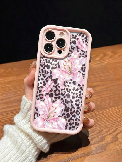 Cute Pink Lily Flower & Leopard Print Matte Anti-Drop Phone Case Compatible With IPhone 11, 12, 13, 14, 15, 16, 13 Pro Max, 16 Plus, XR, 7, 8 Plus, 17 Pro Max, AIR