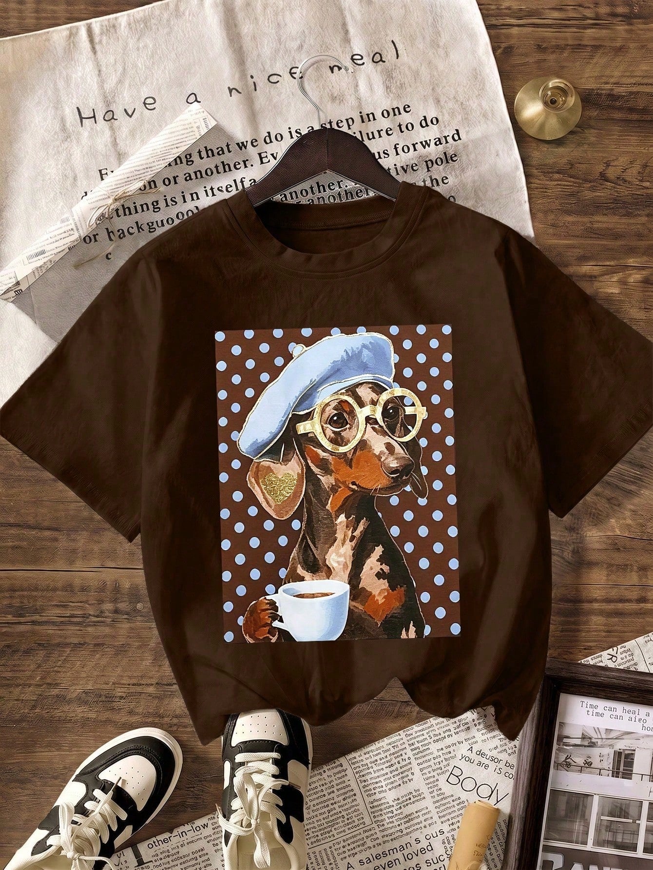 Cute Polka Dot Dachshund Dog Art Graphic T-Shirt, Summer Clothes For Women, Plus Size Casual Crew Neck Short Sleeve T-Shirt