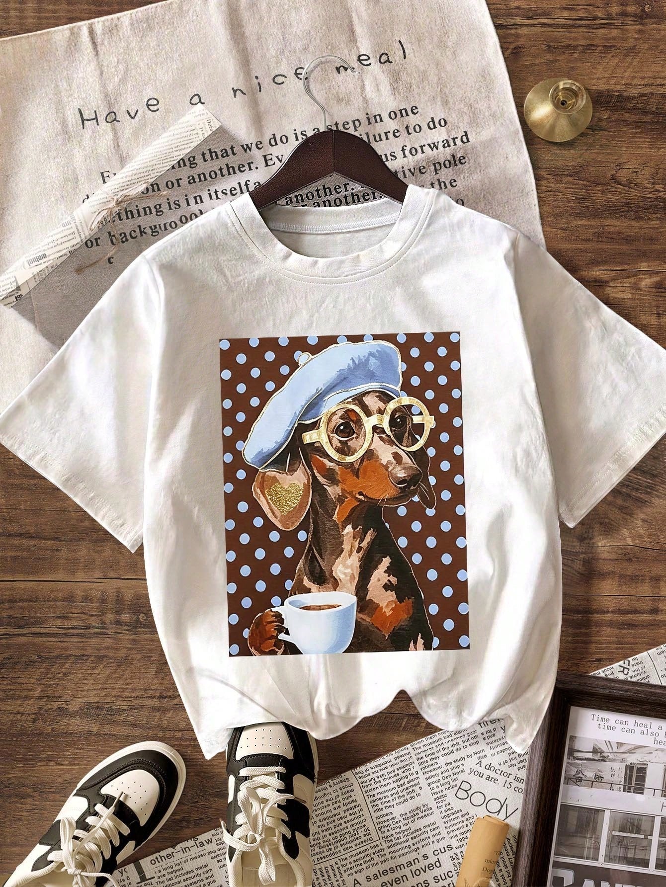 Cute Polka Dot Dachshund Dog Art Graphic T-Shirt, Summer Clothes For Women, Plus Size Casual Crew Neck Short Sleeve T-Shirt