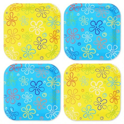 D40 Pcs Sponge Birthday Party Paper Plate Cartoon Themed Disposable Plate Yellow Blue Ocean Flower Tableware For Spring Summer