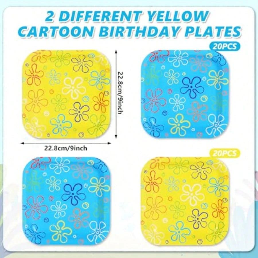 D40 Pcs Sponge Birthday Party Paper Plate Cartoon Themed Disposable Plate Yellow Blue Ocean Flower Tableware For Spring Summer
