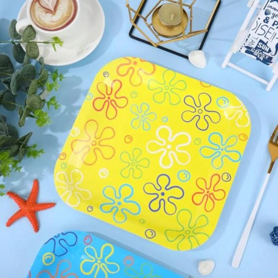 D40 Pcs Sponge Birthday Party Paper Plate Cartoon Themed Disposable Plate Yellow Blue Ocean Flower Tableware For Spring Summer