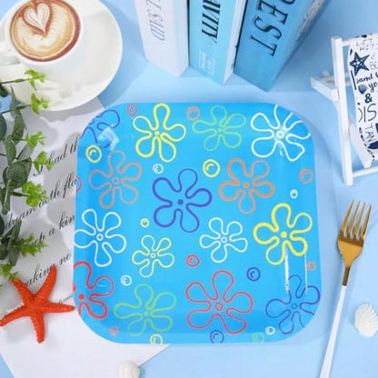 D40 Pcs Sponge Birthday Party Paper Plate Cartoon Themed Disposable Plate Yellow Blue Ocean Flower Tableware For Spring Summer