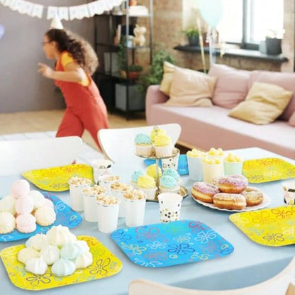 D40 Pcs Sponge Birthday Party Paper Plate Cartoon Themed Disposable Plate Yellow Blue Ocean Flower Tableware For Spring Summer