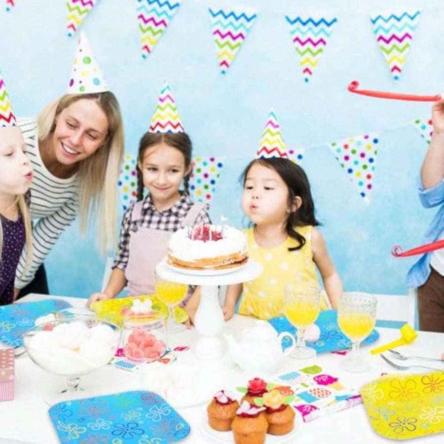 D40 Pcs Sponge Birthday Party Paper Plate Cartoon Themed Disposable Plate Yellow Blue Ocean Flower Tableware For Spring Summer
