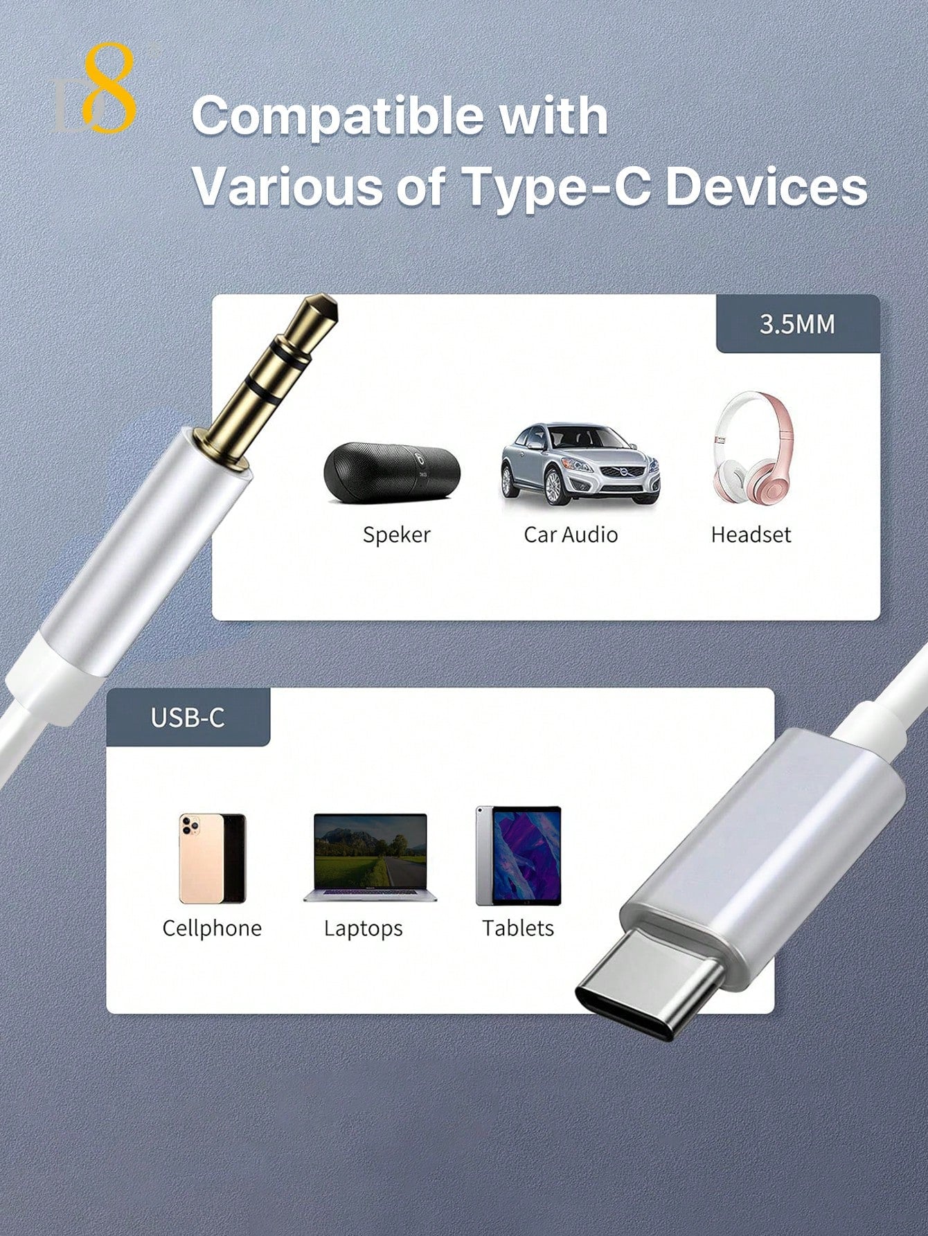 D8 USB-C To 3.5mm Audio Auxiliary Jack Cable, 3.3ft USB Type-C To Male Adapter Cord, Car Headphone Cable, Compatible With IPhone 16/16 Pro/16 Pro Max/15/15 Pro Max/15 Pro, Galaxy S24/S23/S22/S21 Ultra