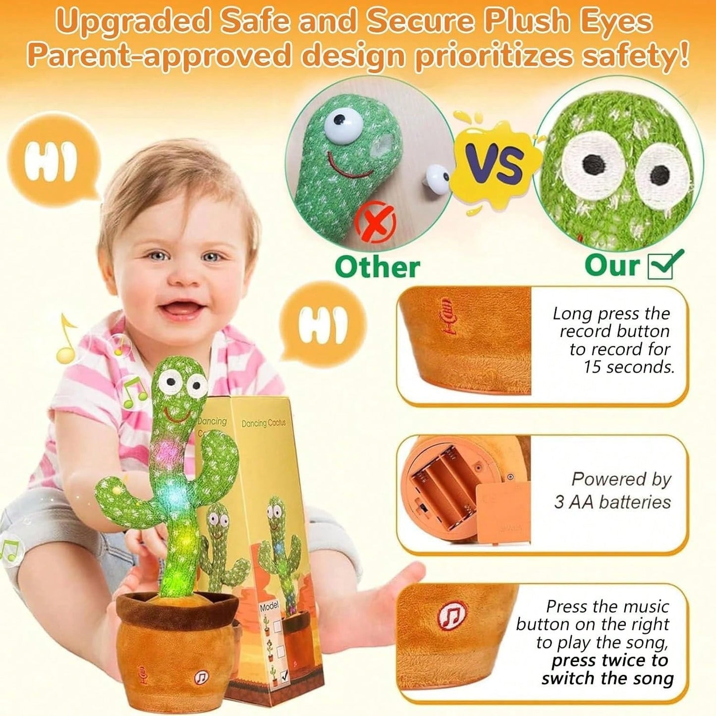 Dancing Talking Cactus Toy, Baby Singing Recording Mimicking Cactus Toy, Repeats What You Say, Musical Interactive Infant Toddler Toys For 1 Year Old Boys Girls, Baby Easter Basket Stuffers Gifts