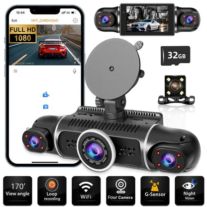 Dash Cam For Vehicles, FHD 4*1080P Car Driving Recorder With Ajustable Left And Right Lens, Built-In Wifi, Wifi Connection, Audio Recording, Superior Night Vision, Motion Detection, With 32GB SD Card