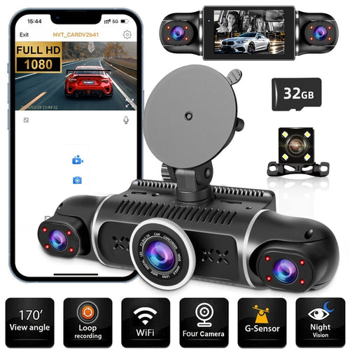 Dash Cam For Vehicles, FHD 4*1080P Car Driving Recorder With Ajustable Left And Right Lens, Built-In Wifi, Wifi Connection, Audio Recording, Superior Night Vision, Motion Detection, With 32GB SD Card