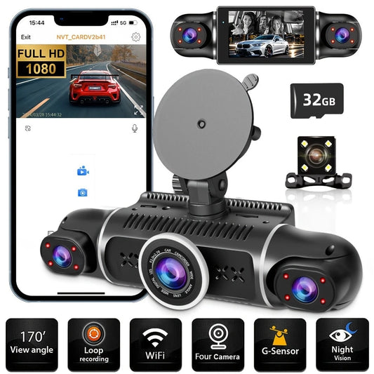 Dash Cam For Vehicles, FHD 4*1080P Car Driving Recorder With Ajustable Left And Right Lens, Built-In Wifi, Wifi Connection, Audio Recording, Superior Night Vision, Motion Detection, With 32GB SD Card