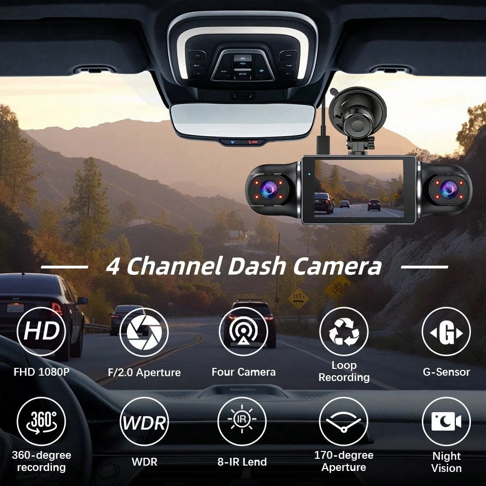 Dash Cam For Vehicles, FHD 4*1080P Car Driving Recorder With Ajustable Left And Right Lens, Built-In Wifi, Wifi Connection, Audio Recording, Superior Night Vision, Motion Detection, With 32GB SD Card