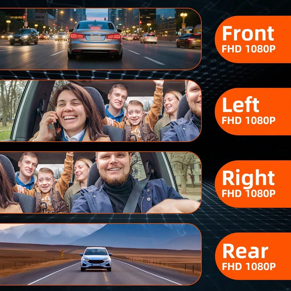 Dash Cam For Vehicles, FHD 4*1080P Car Driving Recorder With Ajustable Left And Right Lens, Built-In Wifi, Wifi Connection, Audio Recording, Superior Night Vision, Motion Detection, With 32GB SD Card