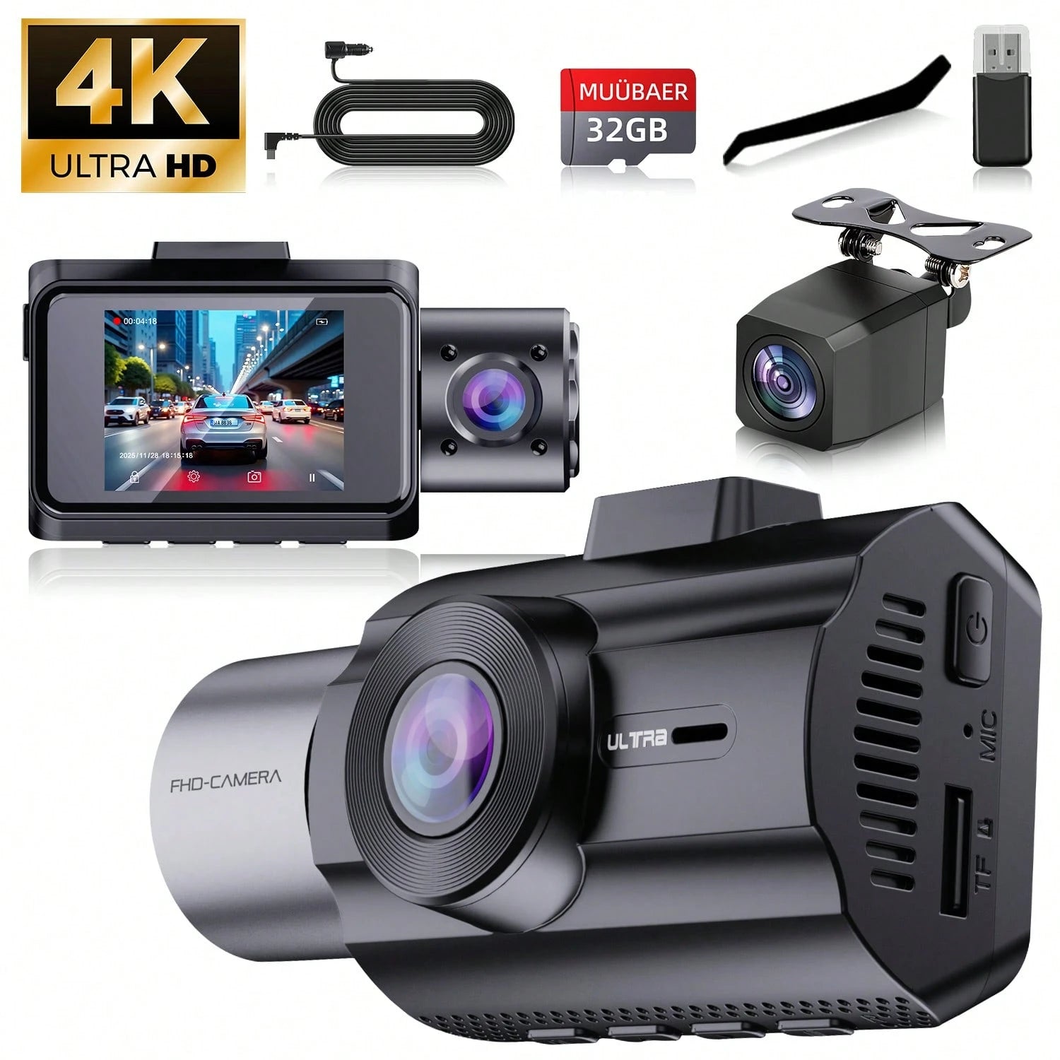 Dash Cam Front Inside And Rear, UHD 4K Recording Car DVR Cam With 170° Wide Angle, Night Vision, Small Dash Camera For Cars, 24h Parking Monitor, Loop Recording, G-Sensor, 32 SD Card