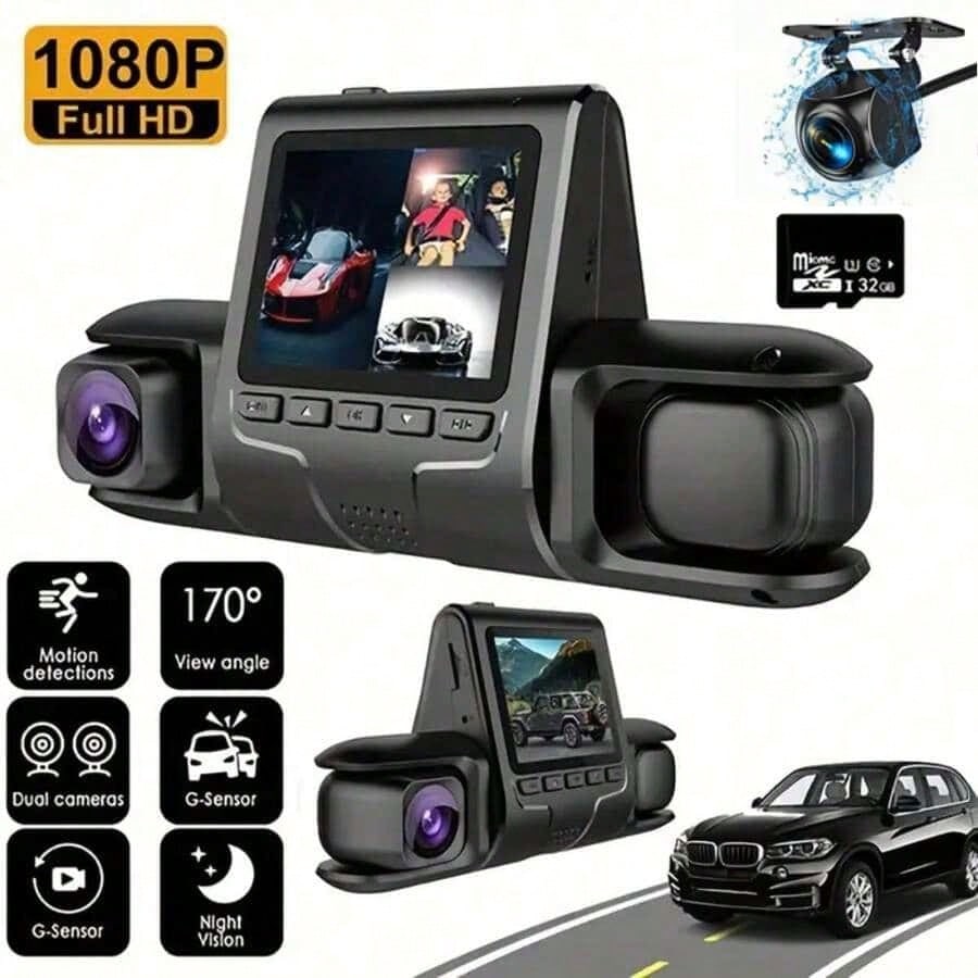 Dash Cam Front Inside And Rear, UHD 4K Recording Car DVR Cam With 170° Wide Angle, Night Vision, Small Dash Camera For Cars, 24h Parking Monitor, Loop Recording, G-Sensor, 32 SD Card
