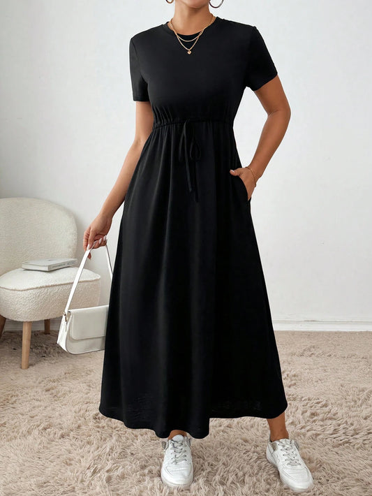 Dayvera Black Summer Casual Midi Dress Women Drawstring Waist Side Pocket Back To School Teacher Outfits Fall Maxi Dresses Bachelorette Occasion Business