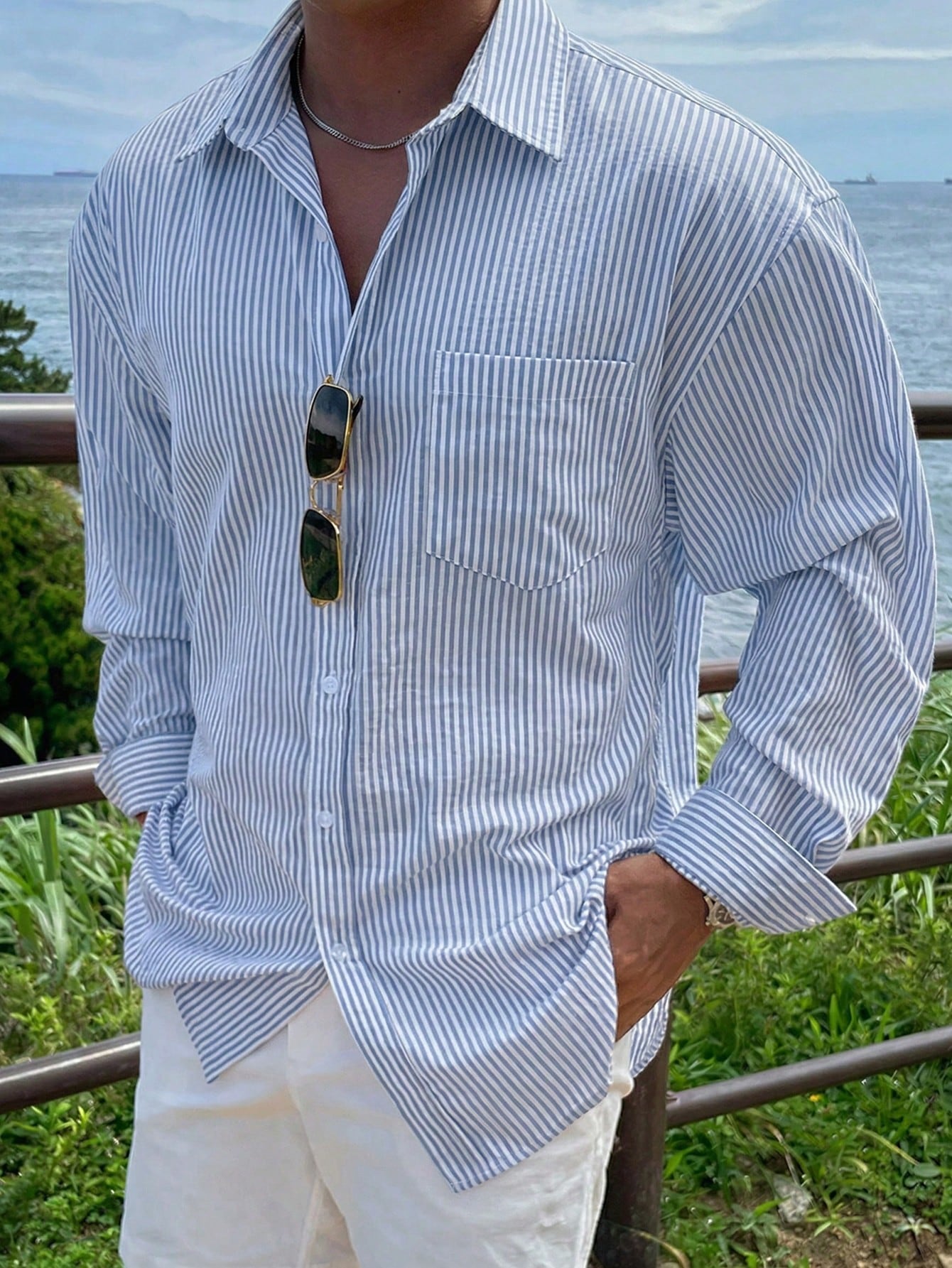 DAZY Blue Striped Long Sleeve Shirt For Men, Spring